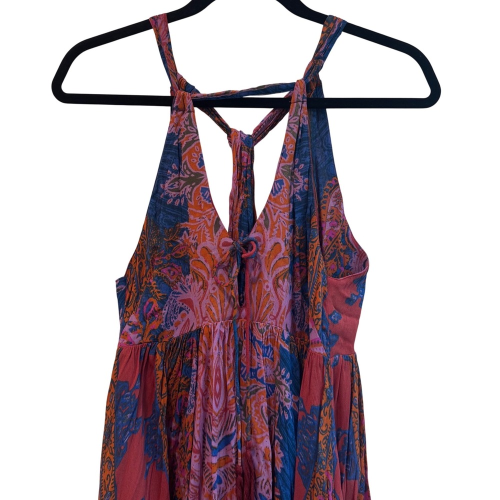 Free People Unattainable Blue Red Paisley Print Halter Flowy Maxi Dress Size 0 - Picture 4 of 13